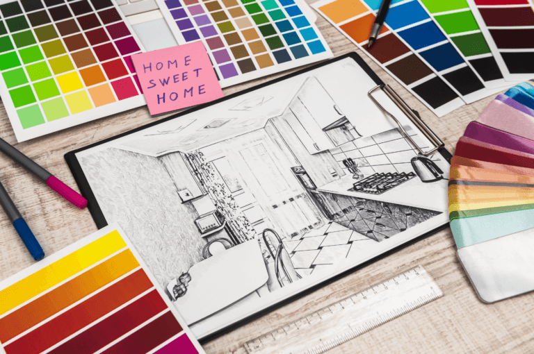 Home improvement mockup of kitchen surrounded by paint color swatches