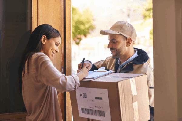 Parcel delivery driver at customer door
